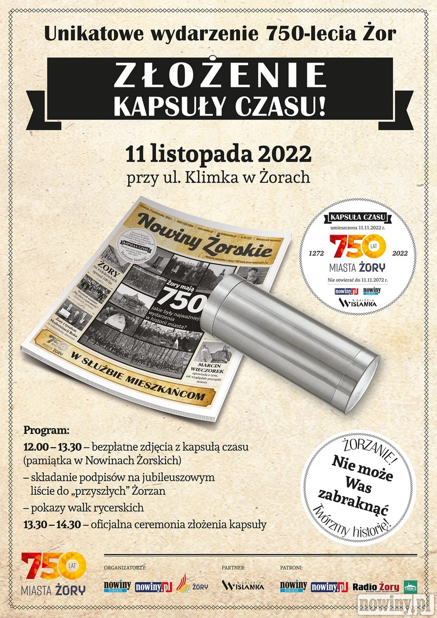 Już 11 listopada czas zatrzyma się na 50 lat. Zapraszamy na uroczyste złożenie żorskiej kapsuły