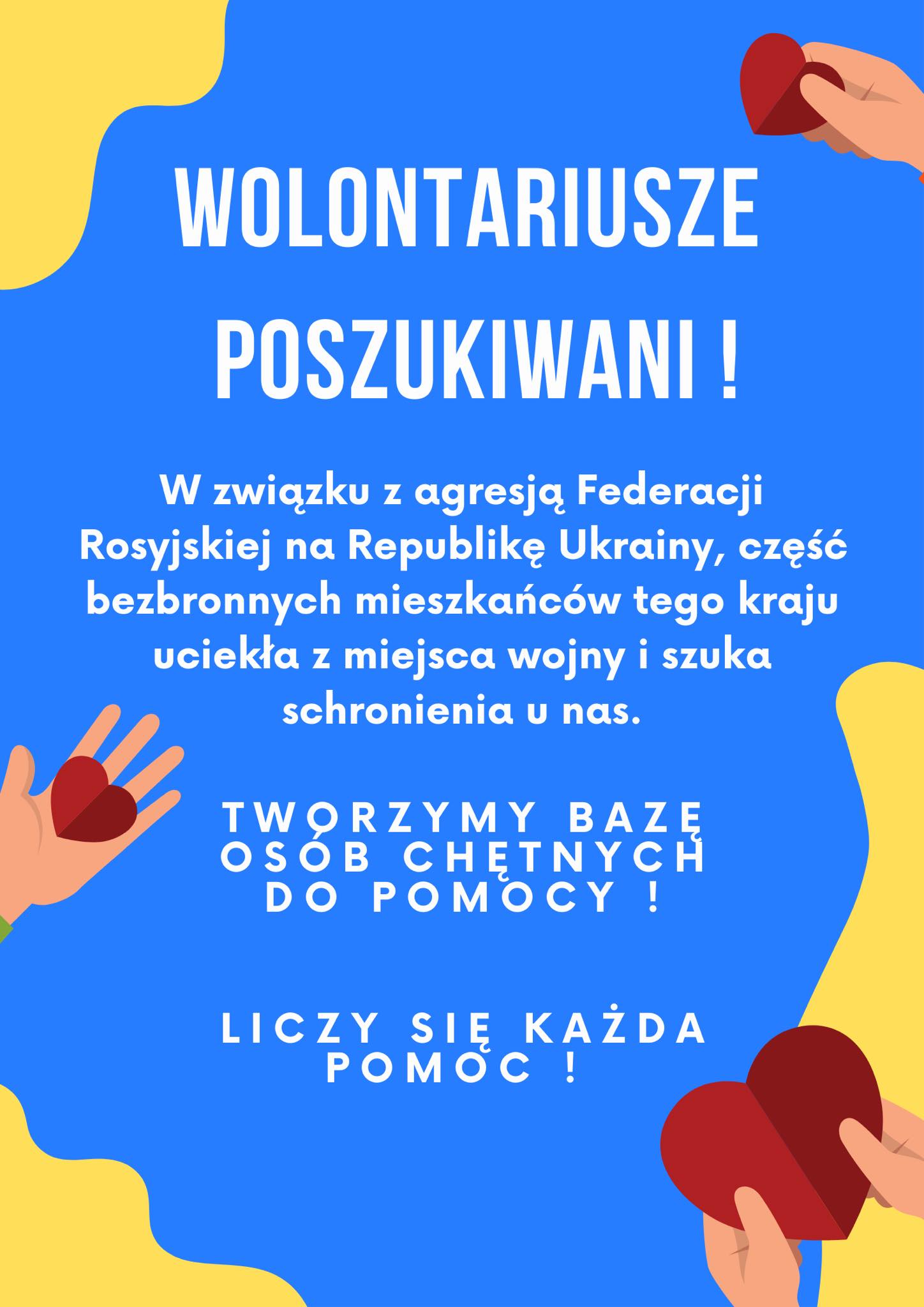 Wolontariusze poszukiwani! Tworzy się baza osób chętnych do udzielenia pomocy Ukraińcom